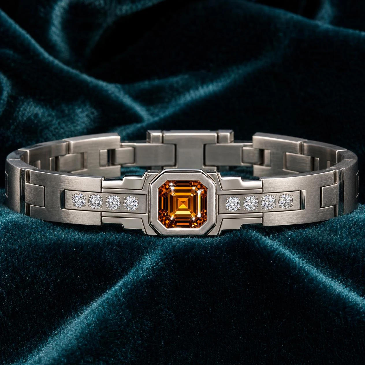 Faro di Bronzo, 2.18 ct tw asscher lab grown diamond men’s bracelet in 18K white gold (front view)