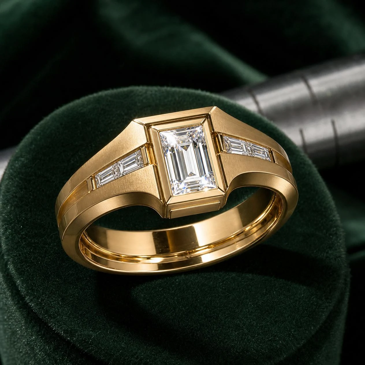 Ponente di Genova, 2.62 ct tw baguette lab grown diamond men’s ring in 18K yellow gold (front view)