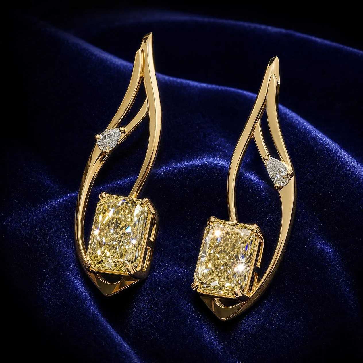 Fiamma Infinita, 6.72 ct tw radiant lab grown diamond earrings in 18K yellow gold (front view)