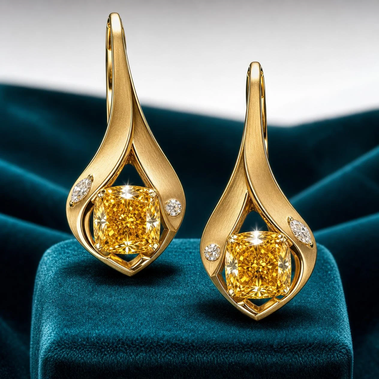 Poesia Dorée, 4.72 ct tw cushion lab grown diamond earrings in 18K yellow gold (front view)