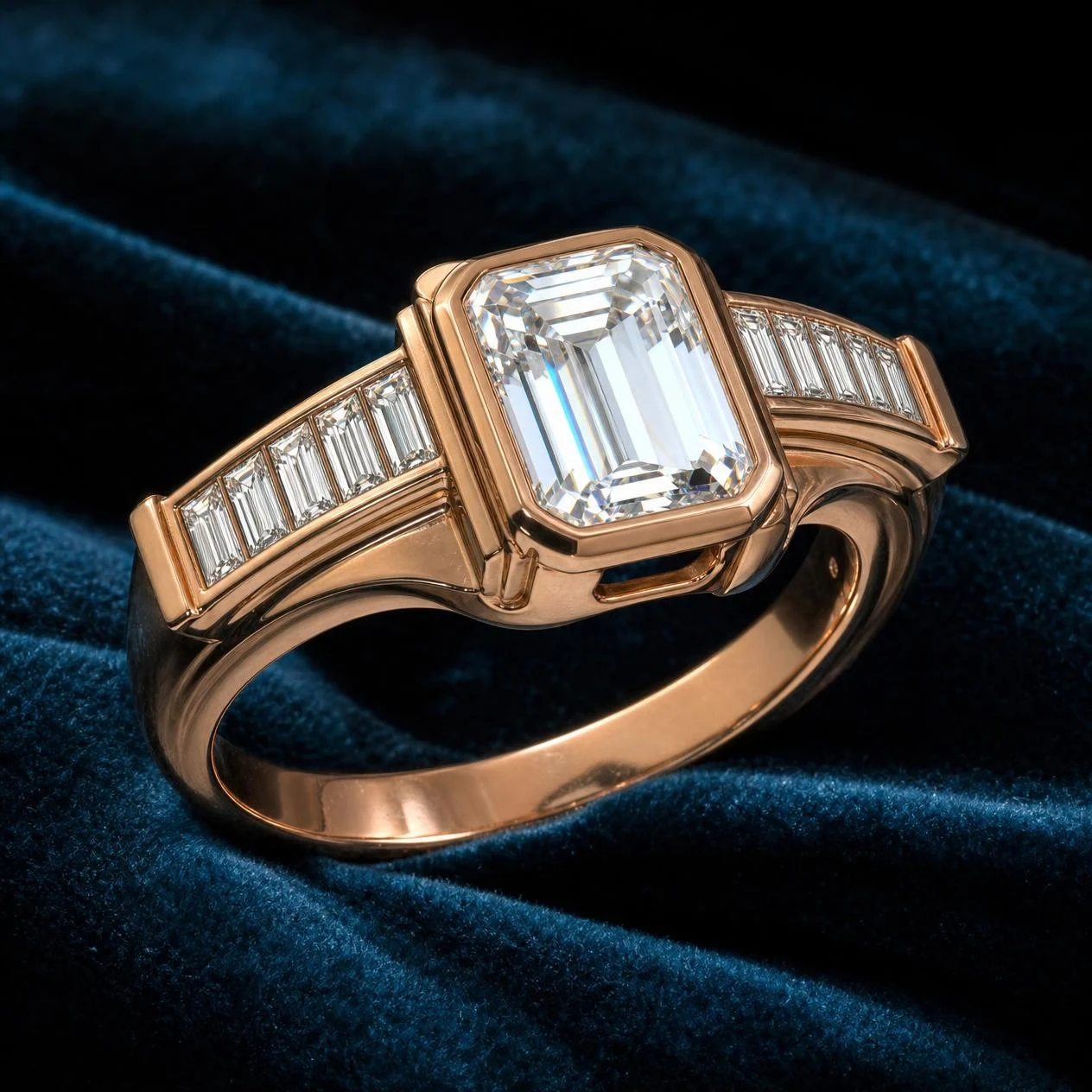 Nuit Infinie, 2.39 ct tw emerald lab grown diamond ring in rose gold (front view)