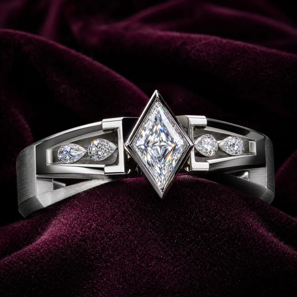 Vessillo di Platino, 1.52 ct tw kite lab grown diamond men’s ring in 18K white gold (front view)