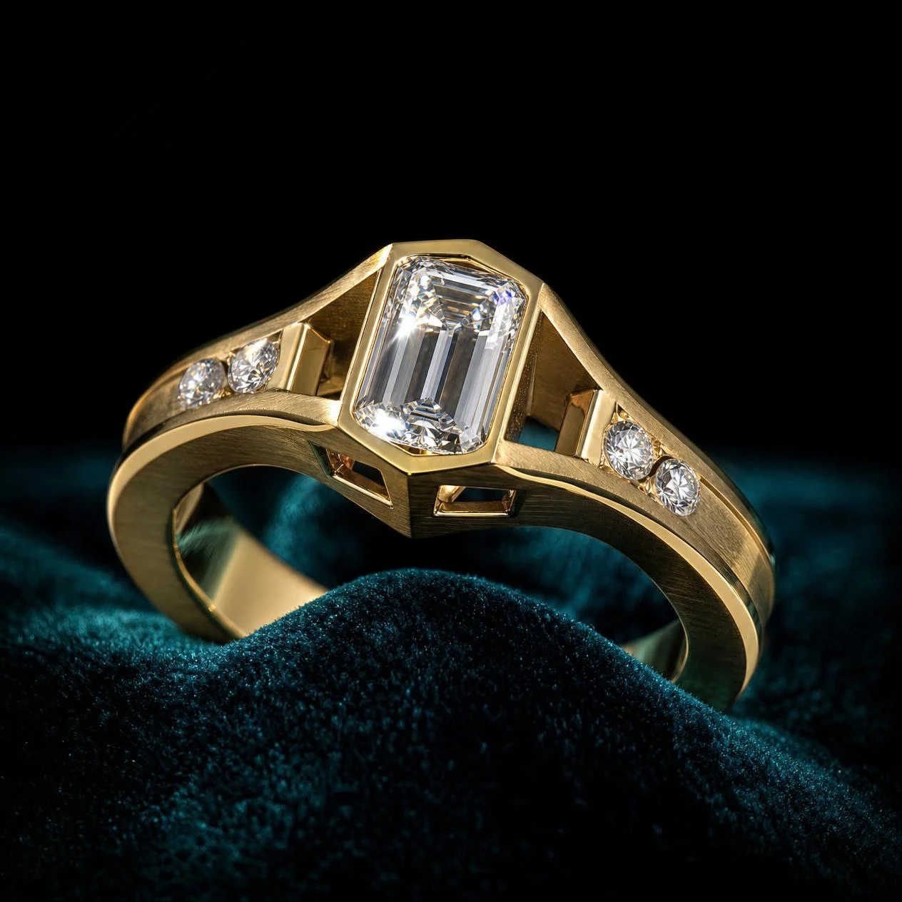 Belle Sottile, 2.35 ct tw emerald lab grown diamond ring in 18K yellow gold (front view)