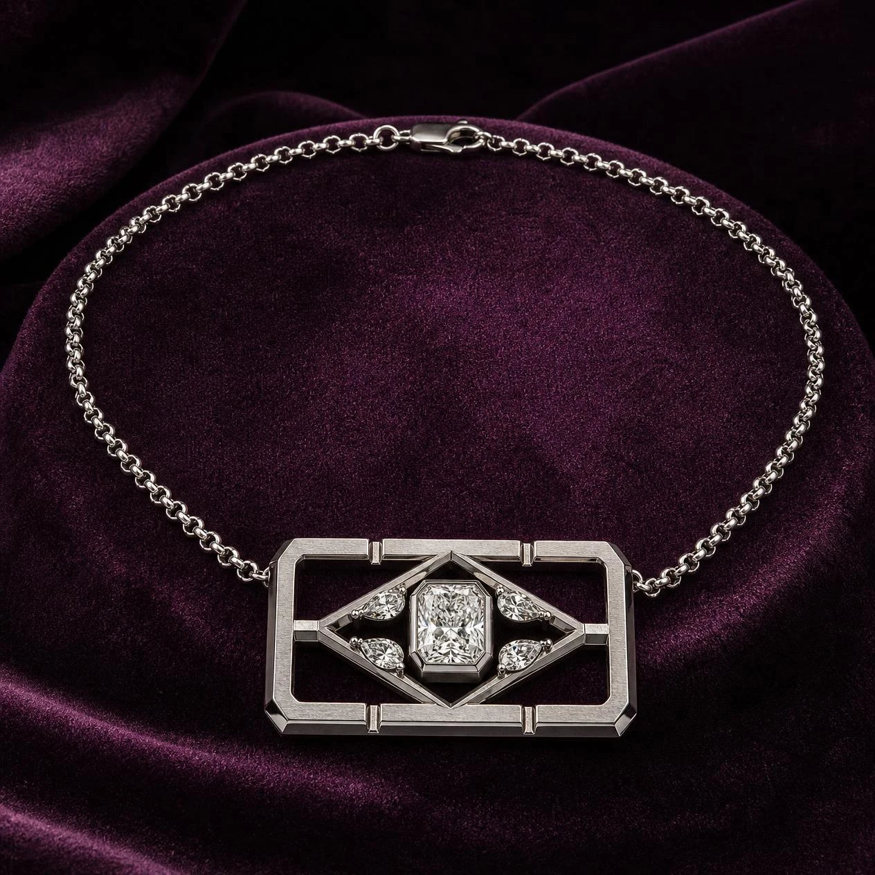 Vertice di Marmo, 1.52 ct tw radiant lab grown diamond men’s necklace in 18K white gold (front view)
