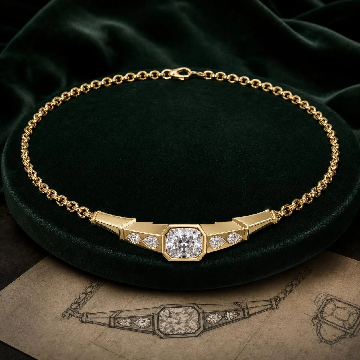 Cratere Antico, 2.85 ct tw cushion lab grown diamond men’s necklace in 18K yellow gold (front view)