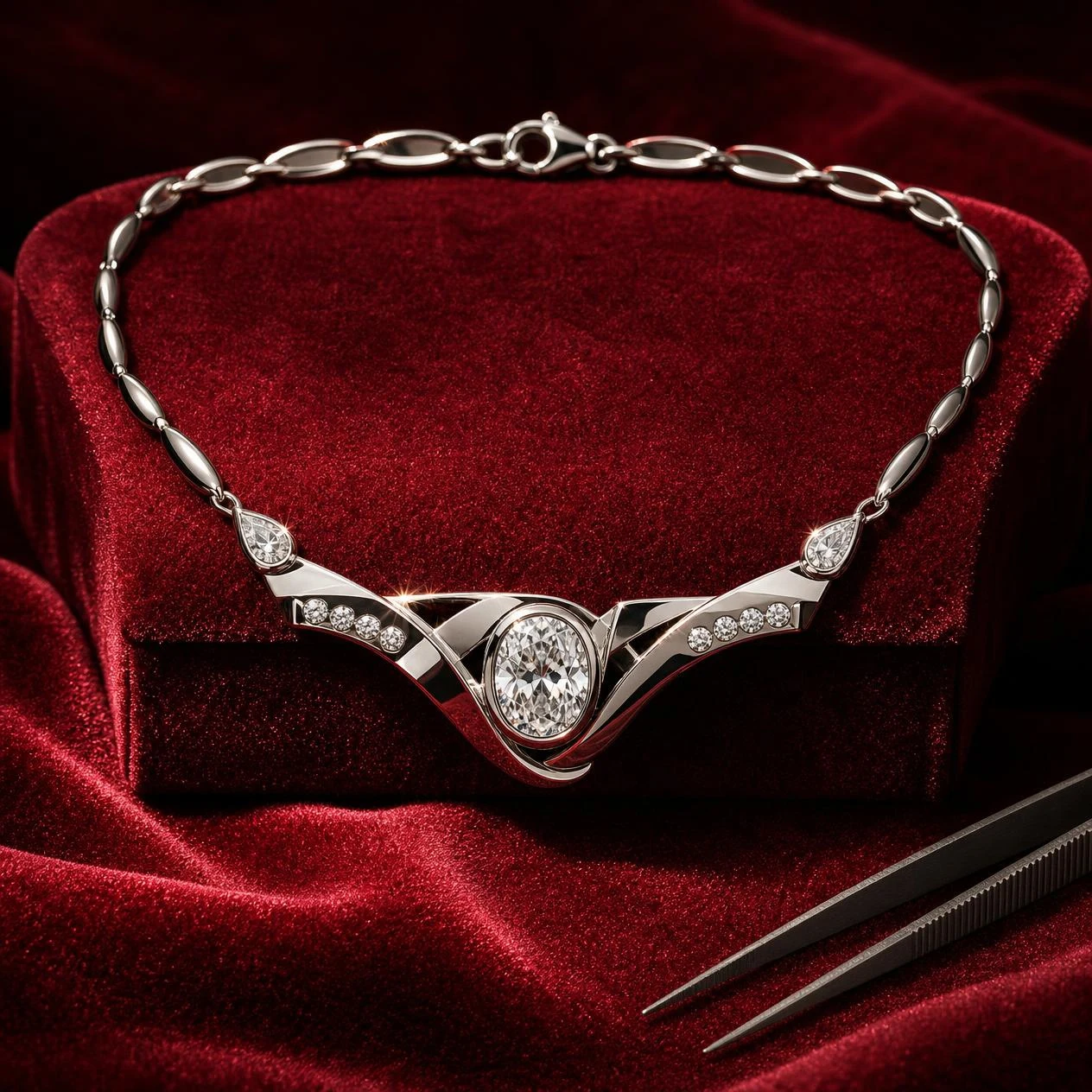 Poesia Ardente, 2.64 ct tw oval lab grown diamond necklace in 18K white gold (front view)