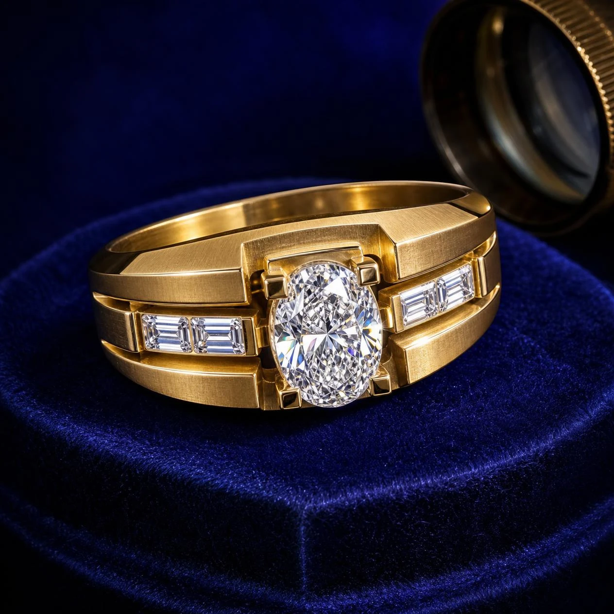 Vessillo d'Ebano, 1.8 ct tw oval lab grown diamond men’s ring in 18K yellow gold (front view)