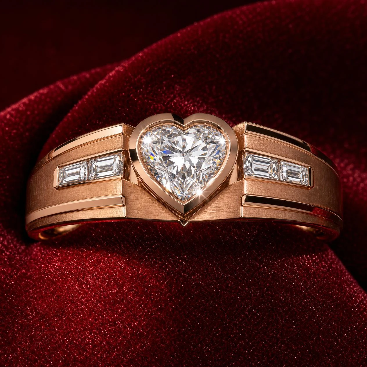 Viandante Solenne, 1.72 ct tw heart lab grown diamond men’s ring in rose gold (front view)