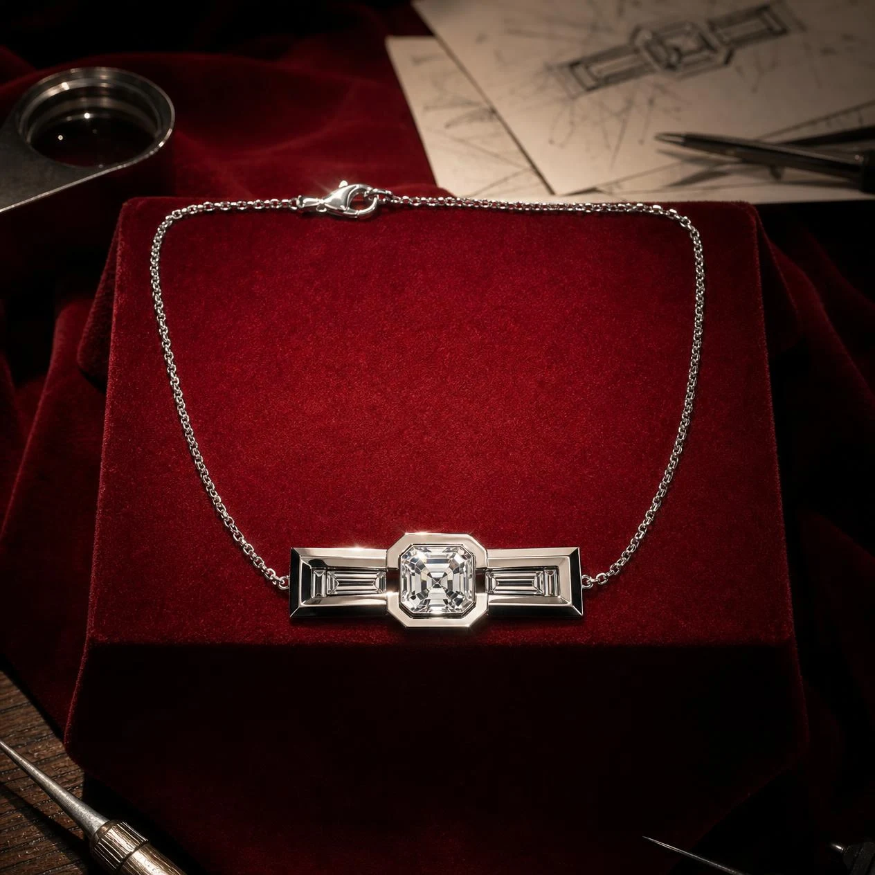 Promontorio Profondo, 1.58 ct tw asscher lab grown diamond men’s necklace in 18K white gold (front view)