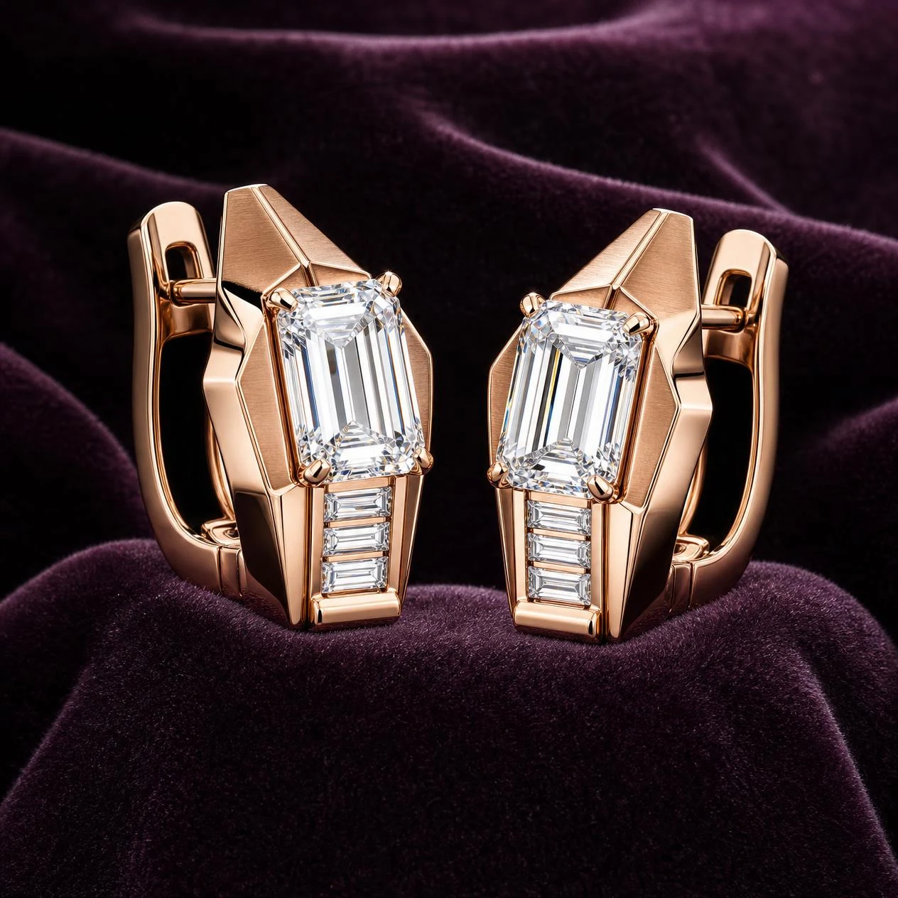 Galassia Lumineuse, 5.28 ct tw emerald lab grown diamond earrings in rose gold (front view)