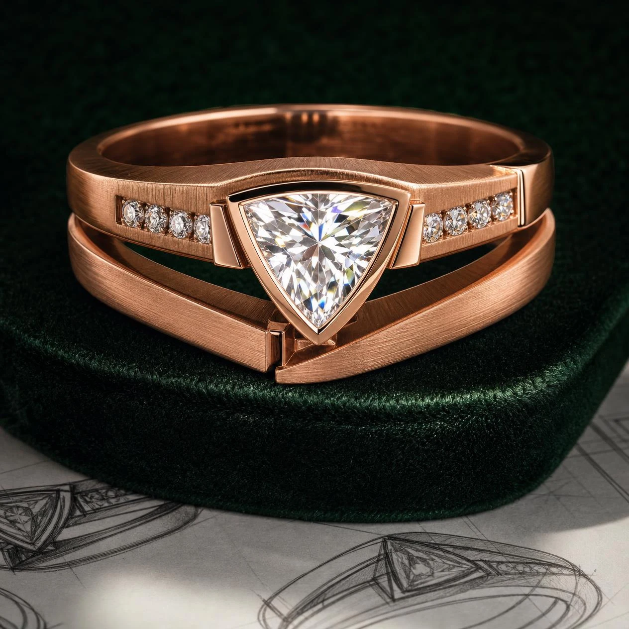 Molo d'Occidente, 2.18 ct tw trillion lab grown diamond men’s ring in rose gold (front view)