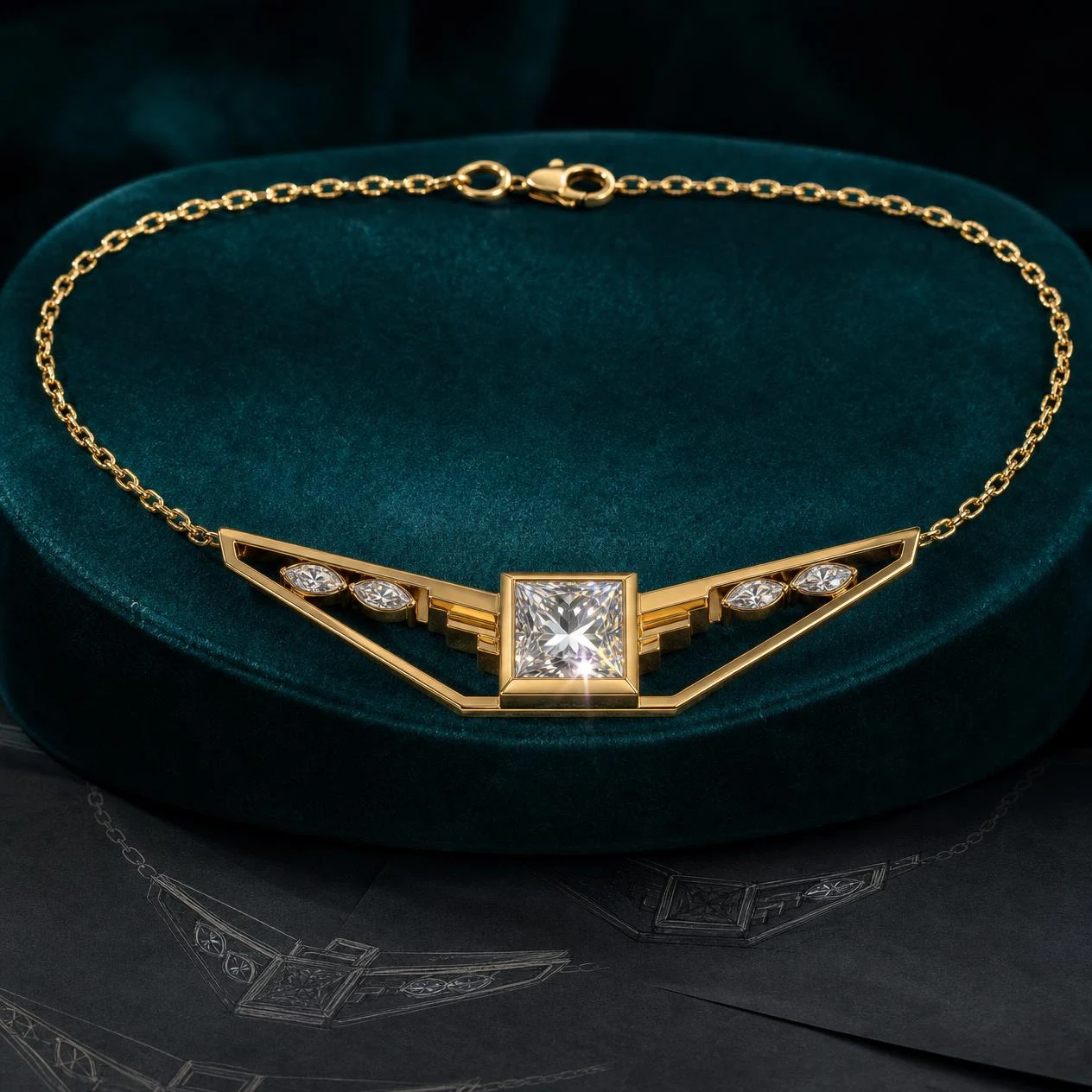 Ninfea Secrète, 3.05 ct tw princess lab grown diamond necklace in 18K yellow gold (front view)