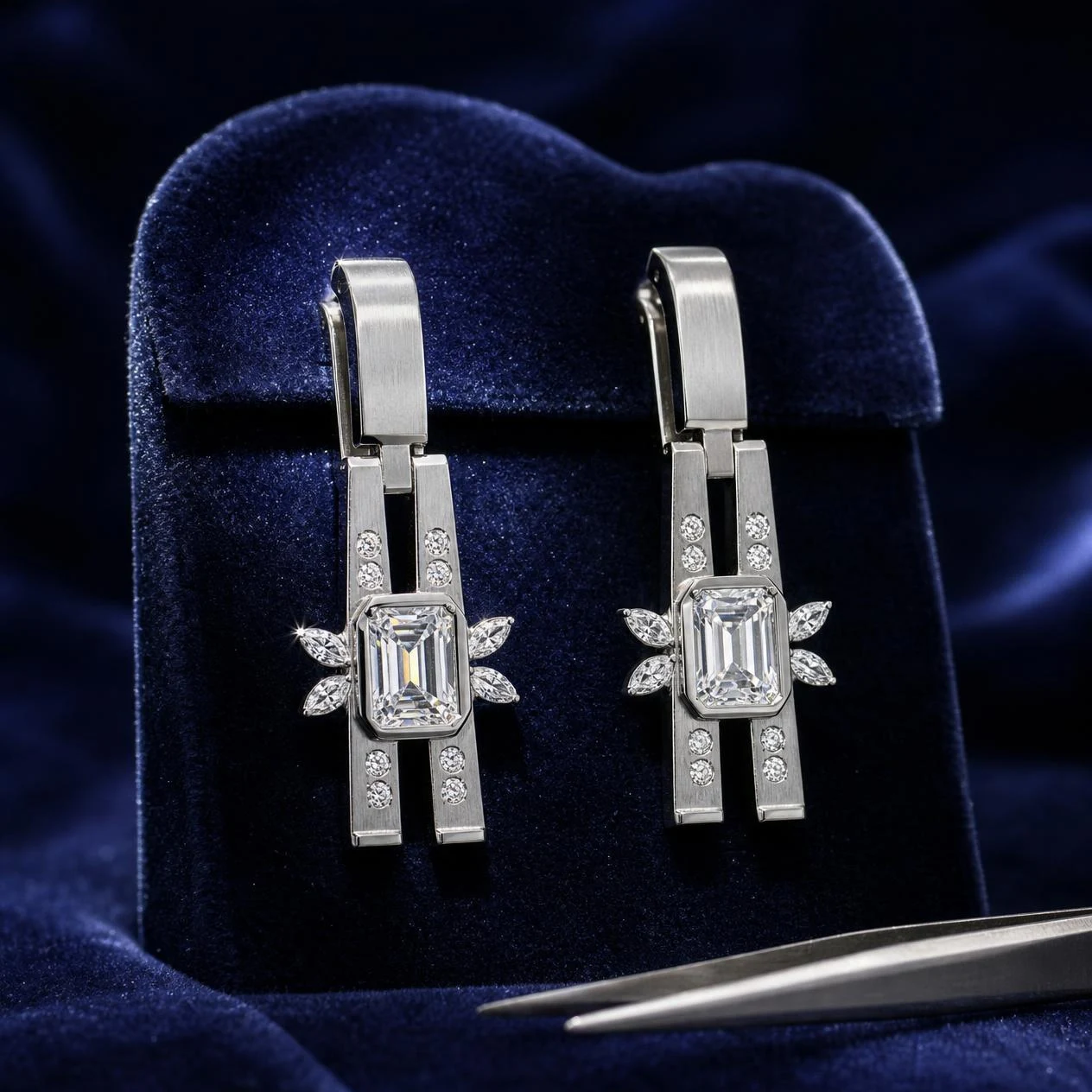Giada d'Ivoire, 5.72 ct tw baguette lab grown diamond earrings in 18K white gold (front view)