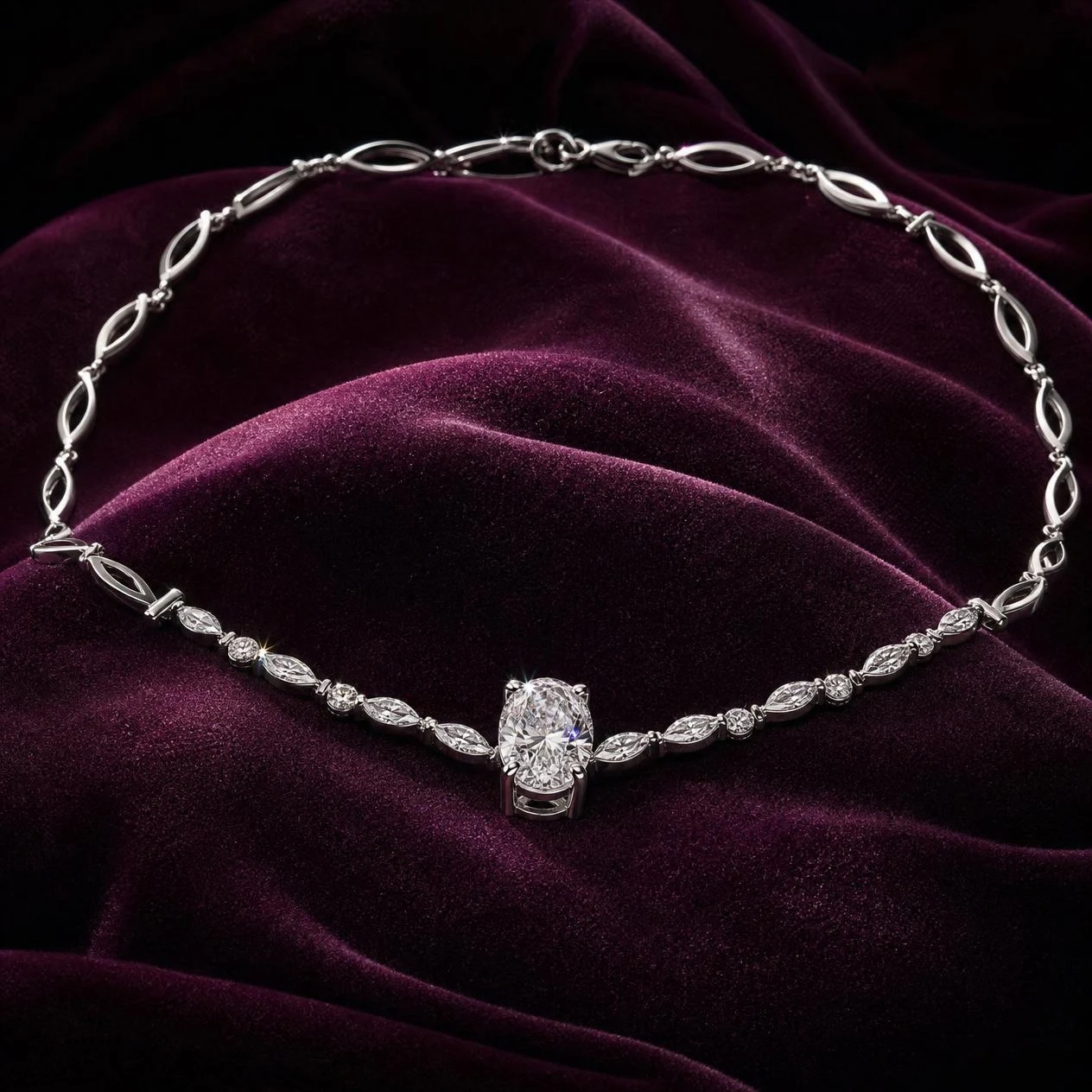 Luna Infinie, 1.98 ct tw oval lab grown diamond necklace in 18K white gold (front view)