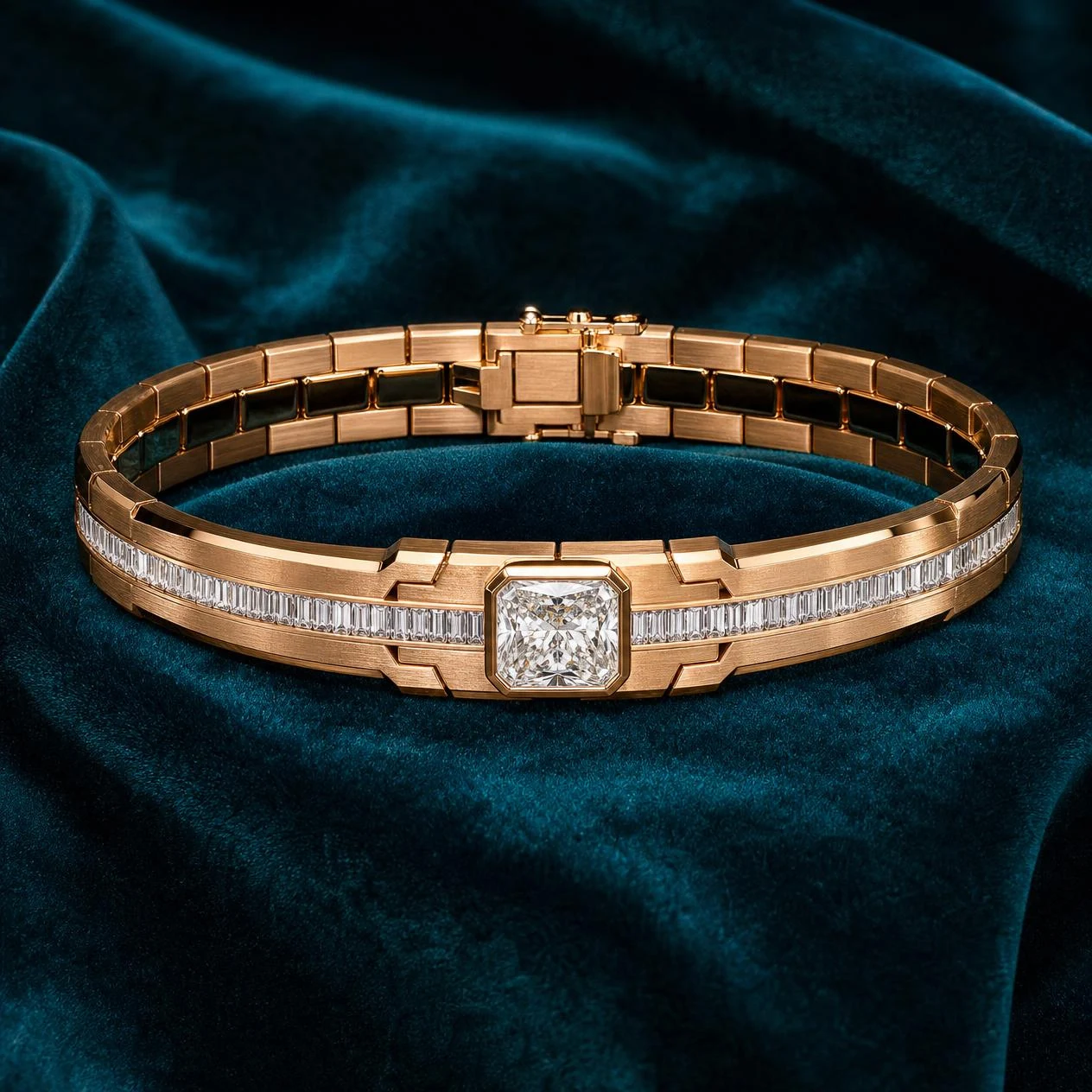 Meridiano Solenne, 7.66 ct tw radiant lab grown diamond men’s bracelet in rose gold (front view)