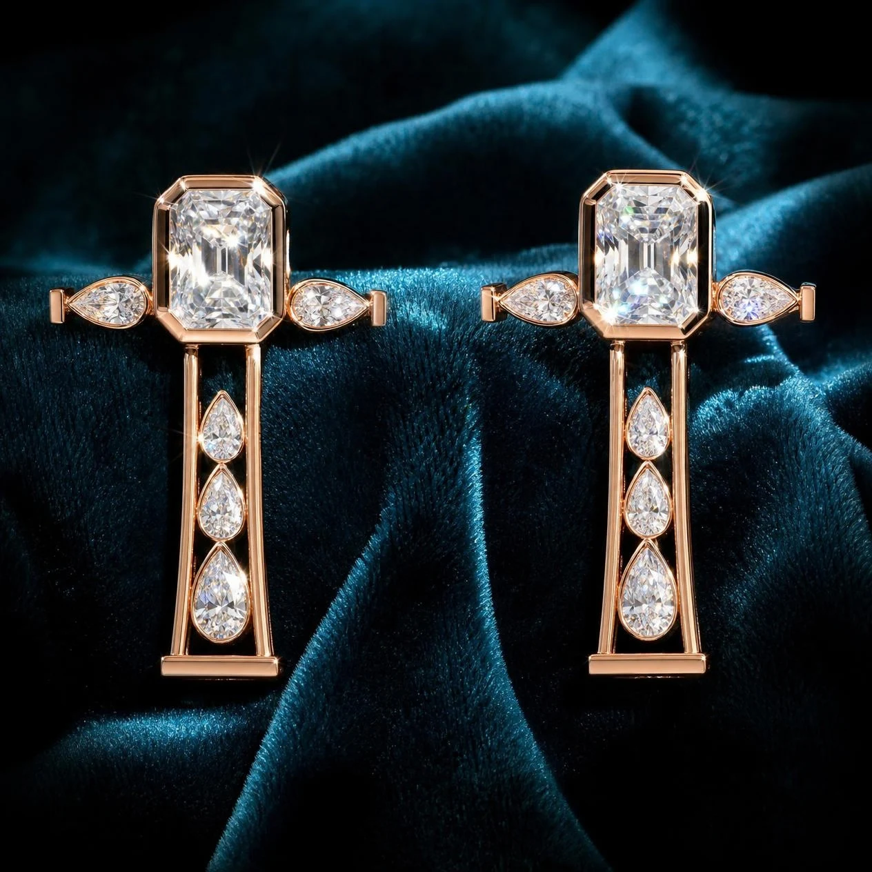 Capitano Sovrano, 4.4 ct tw radiant lab grown diamond men’s earrings in rose gold (front view)