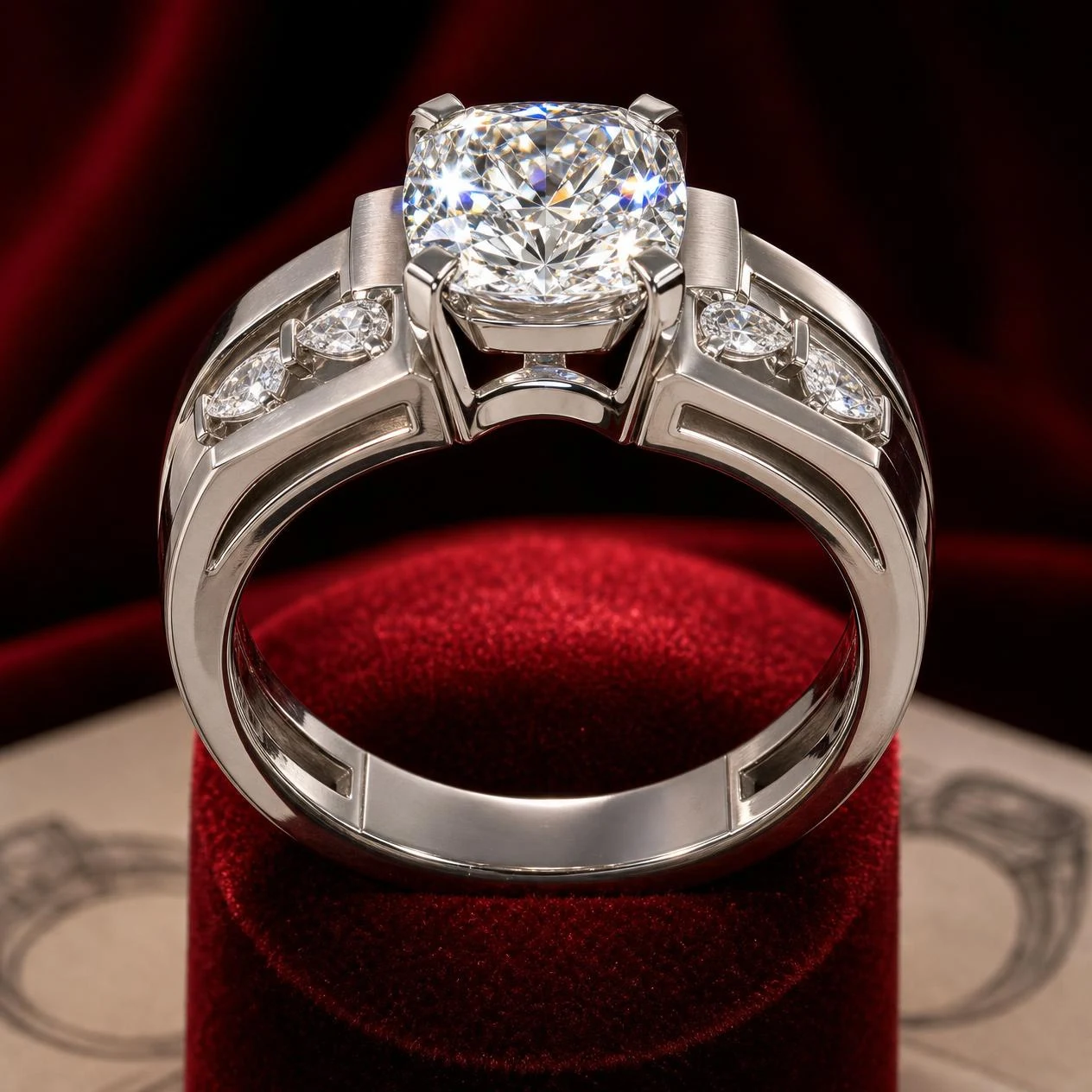Arciere Imperiale, 2.12 ct tw cushion lab grown diamond men’s ring in 18K white gold (front view)