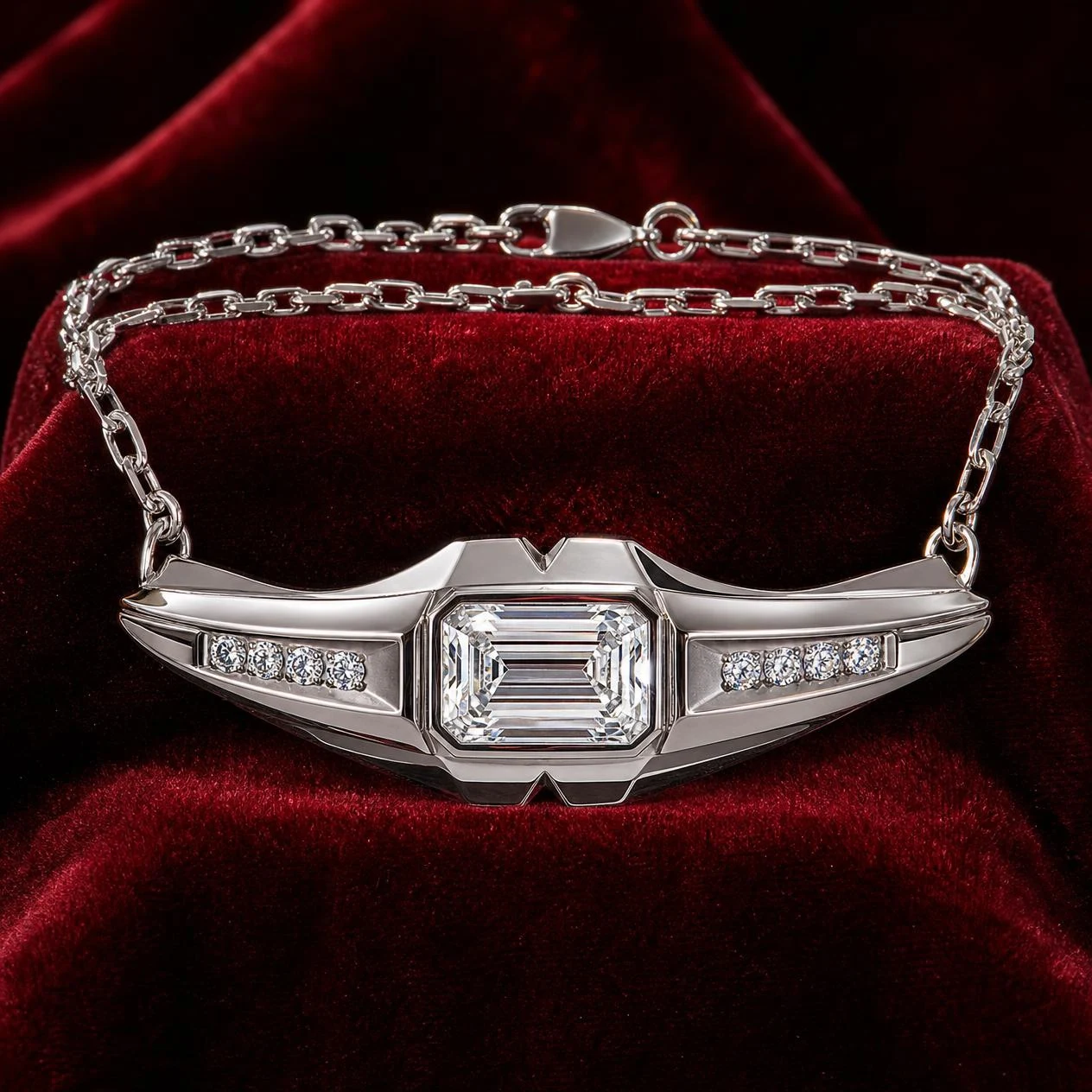 Galassia d'Oro, 2.4 ct tw emerald lab grown diamond necklace in 18K white gold (front view)