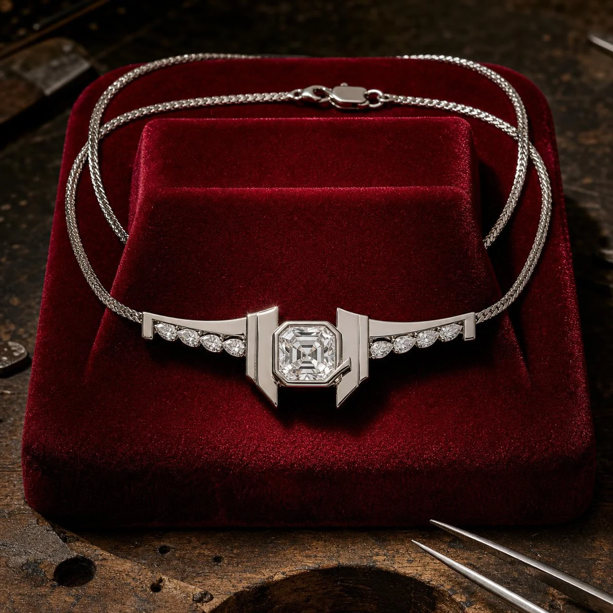 Viandante Severo, 2.32 ct tw asscher lab grown diamond men’s necklace in 18K white gold (front view)