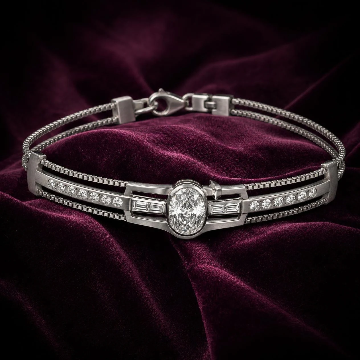 Comandante Solenne, 3.04 ct tw oval lab grown diamond men’s bracelet in 18K white gold (front view)