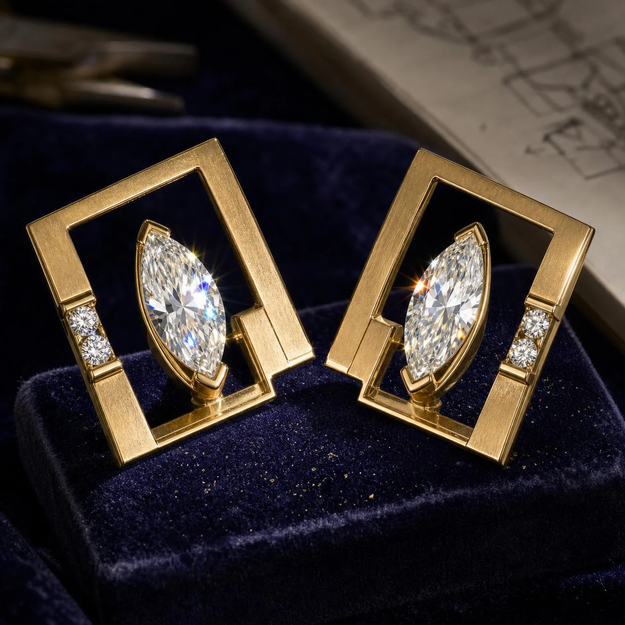 Cascata Lucente, 3.12 ct tw marquise lab grown diamond earrings in 18K yellow gold (front view)