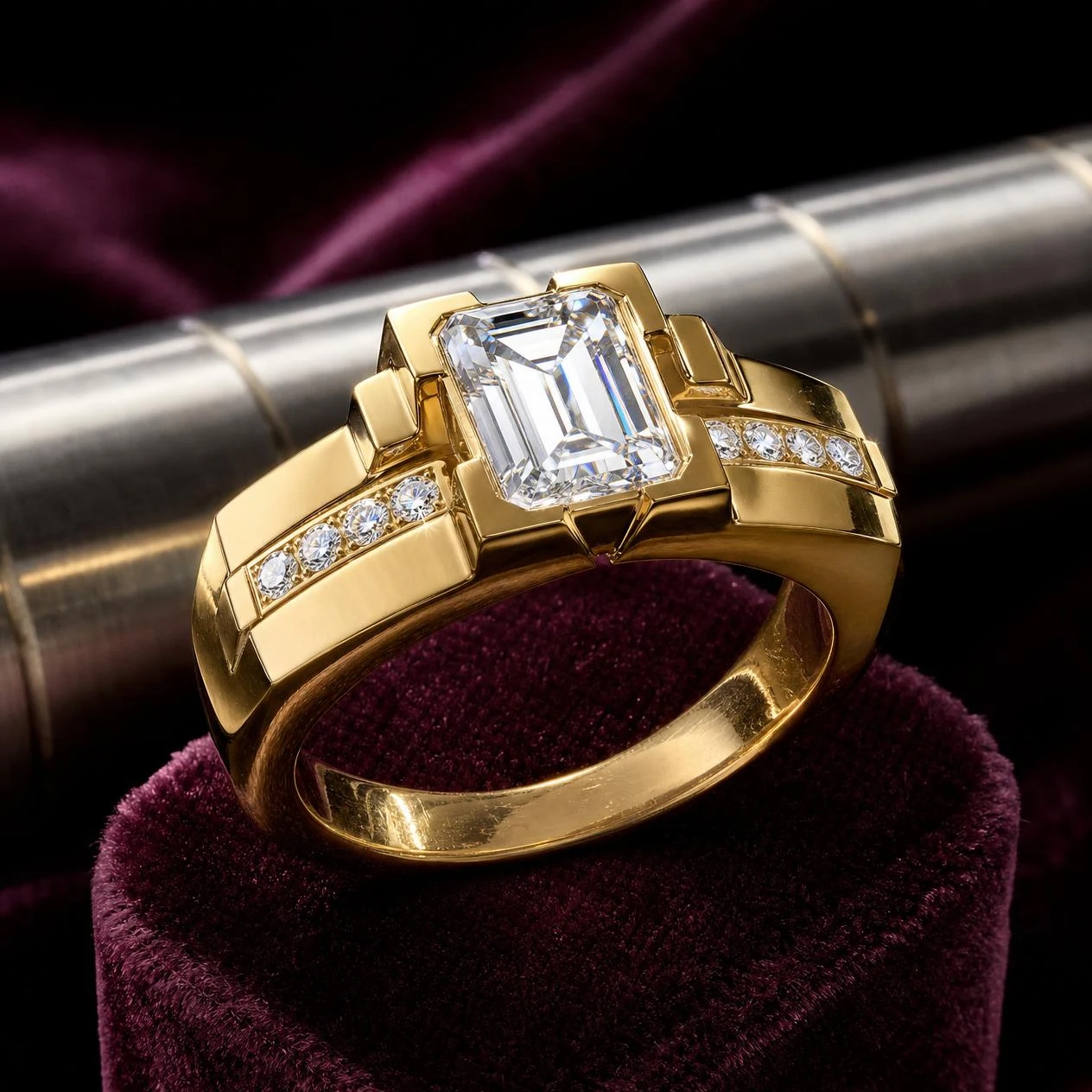 Capitano Imperiale, 2.64 ct tw emerald lab grown diamond men’s ring in 18K yellow gold (front view)