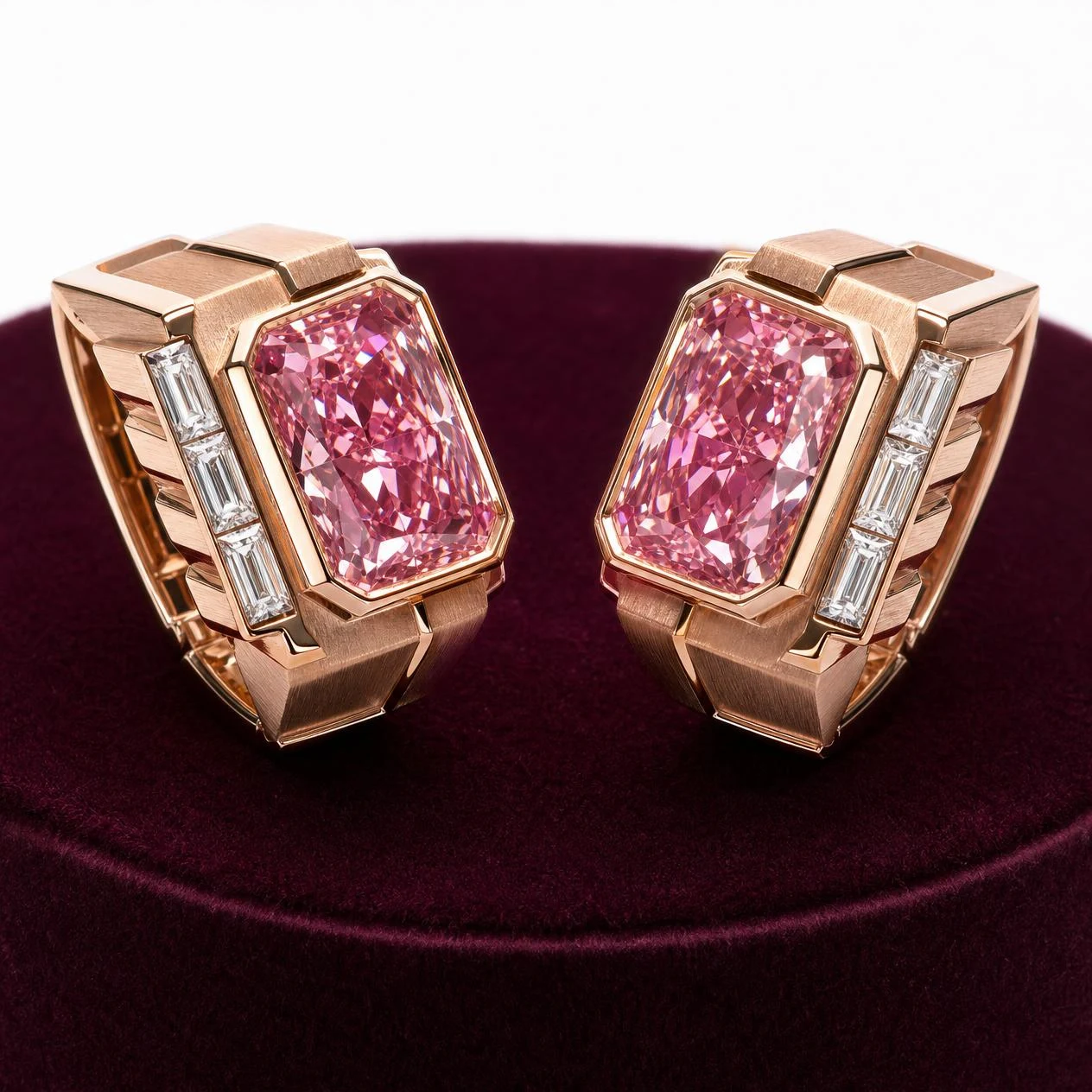 Granito di Platino, 5.2 ct tw radiant lab grown diamond men’s earrings in rose gold (front view)