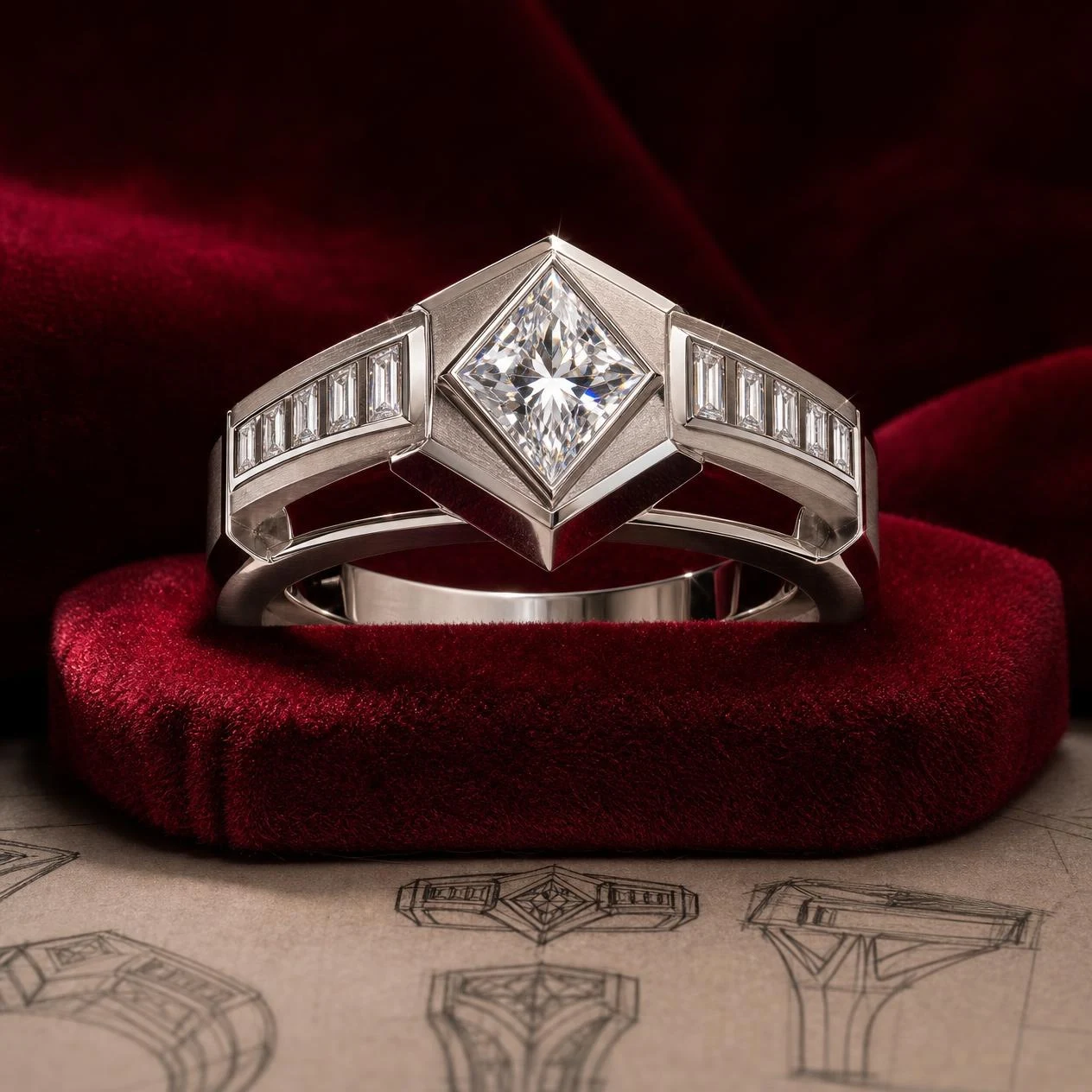Baluardo Fiero, 1.58 ct tw kite lab grown diamond men’s ring in 18K white gold (front view)