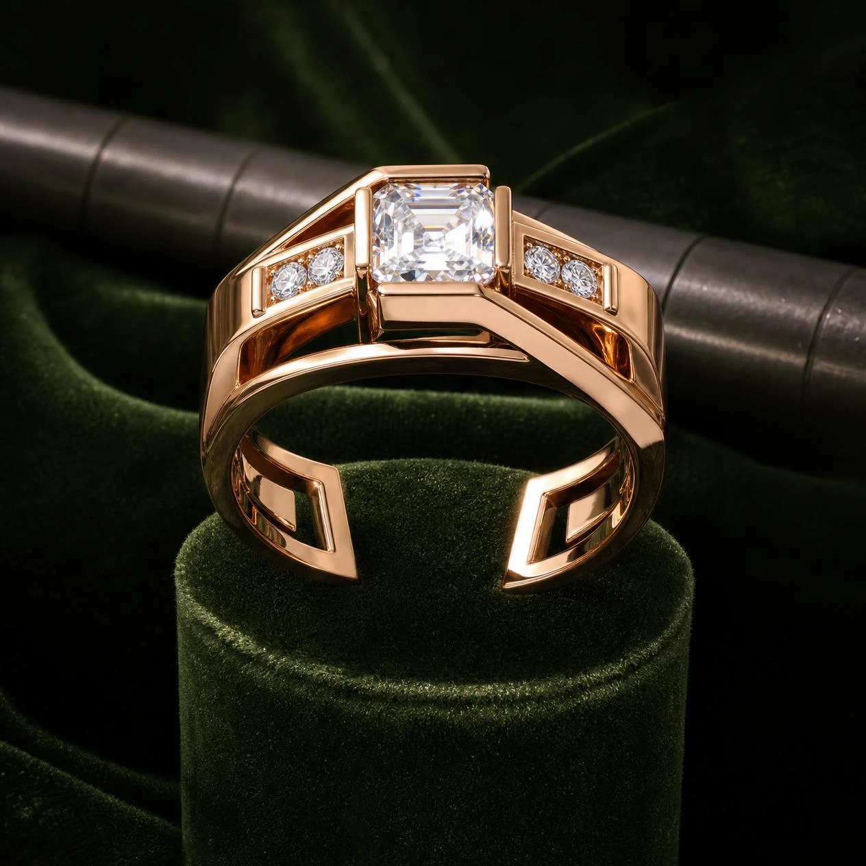 Polo di Genova, 1.98 ct tw asscher lab grown diamond men’s ring in rose gold (front view)