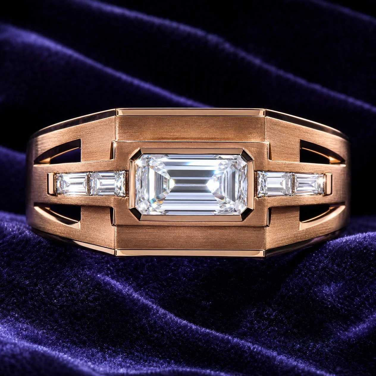 Fortezza d'Oriente, 1.68 ct tw emerald lab grown diamond men’s ring in rose gold (front view)