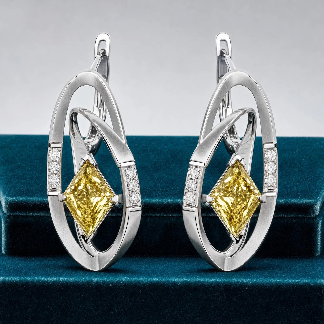 Mimosa Velata, 5.2 ct tw kite lab grown diamond earrings in 18K white gold (front view)