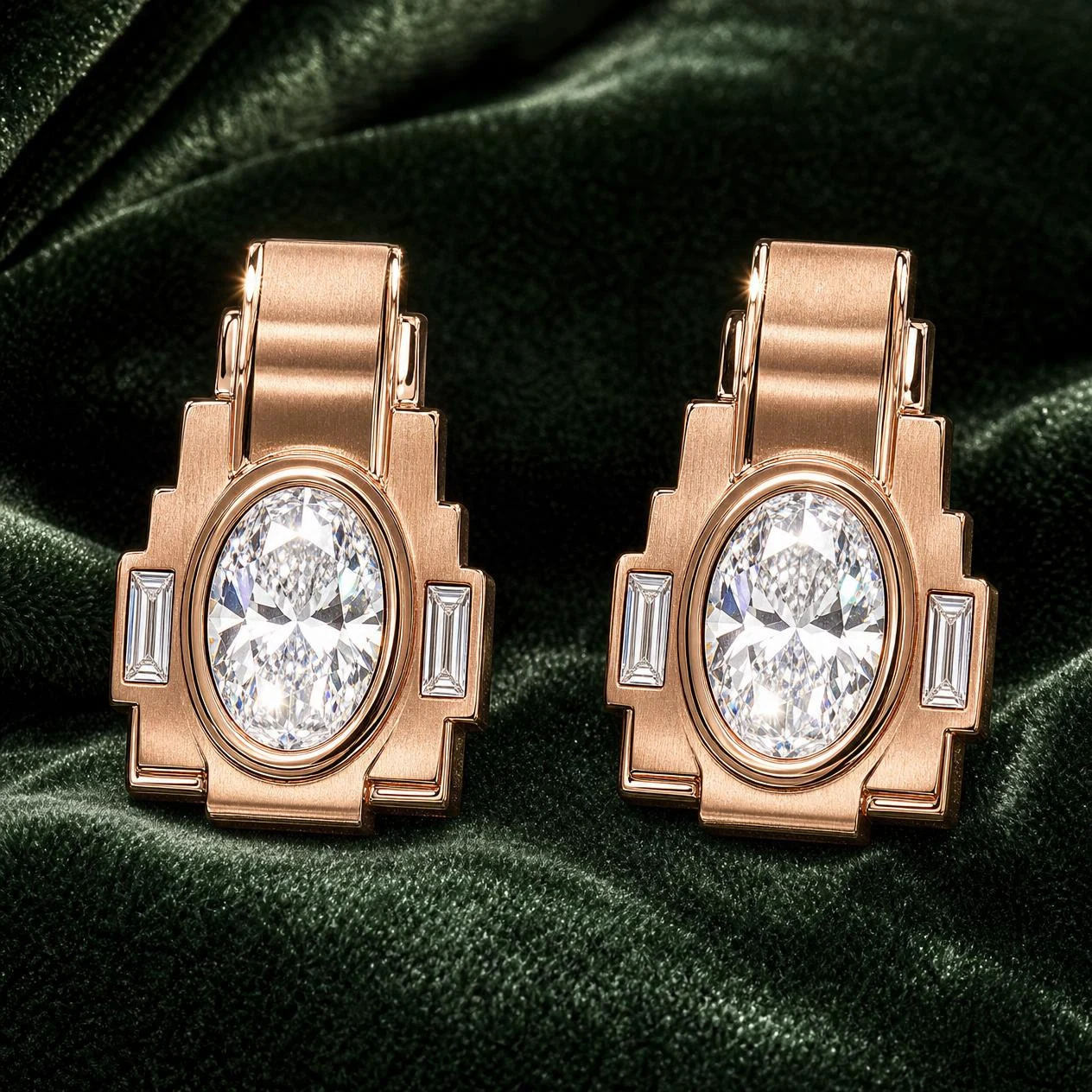 Marmo Supremo, 3 ct tw oval lab grown diamond men’s earrings in rose gold (front view)