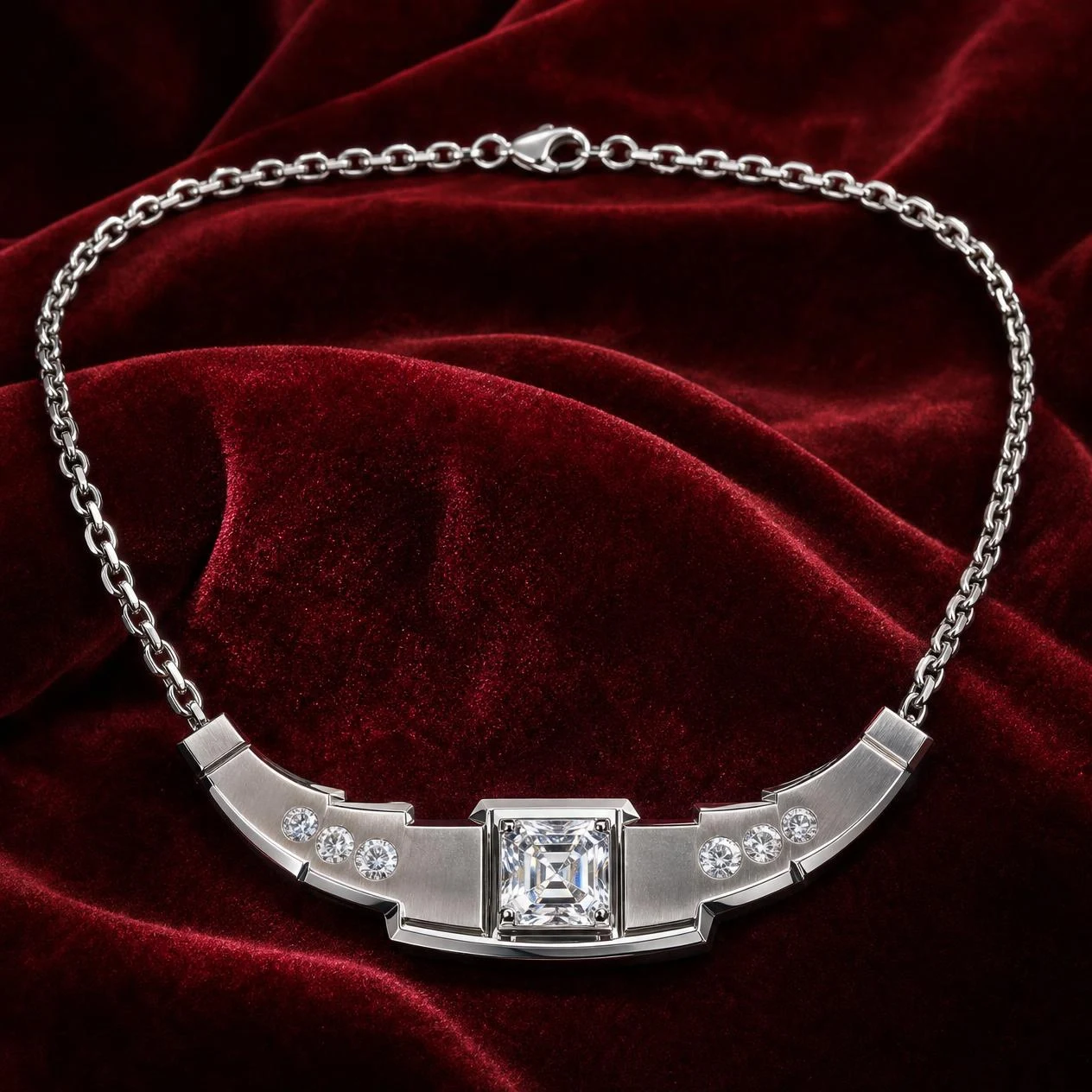 Marmo di Bronzo, 2.42 ct tw asscher lab grown diamond men’s necklace in 18K white gold (front view)