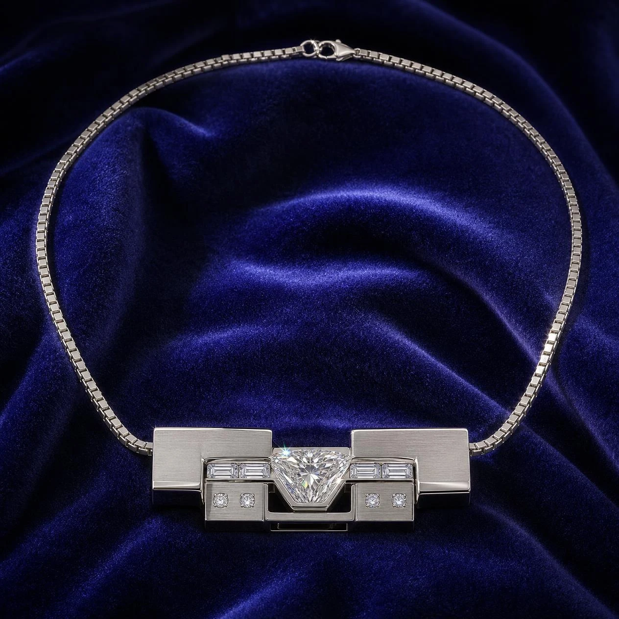 Meridiano di Genova, 1.72 ct tw trillion lab grown diamond men’s necklace in 18K white gold (front view)
