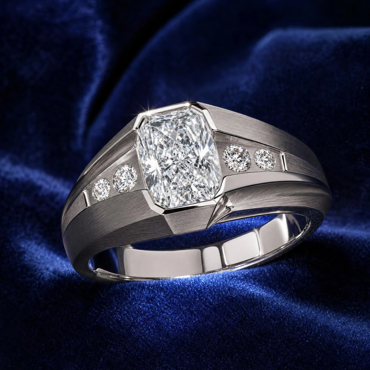 Zenit di Genova, 1.98 ct tw radiant lab grown diamond men’s ring in 18K white gold (front view)