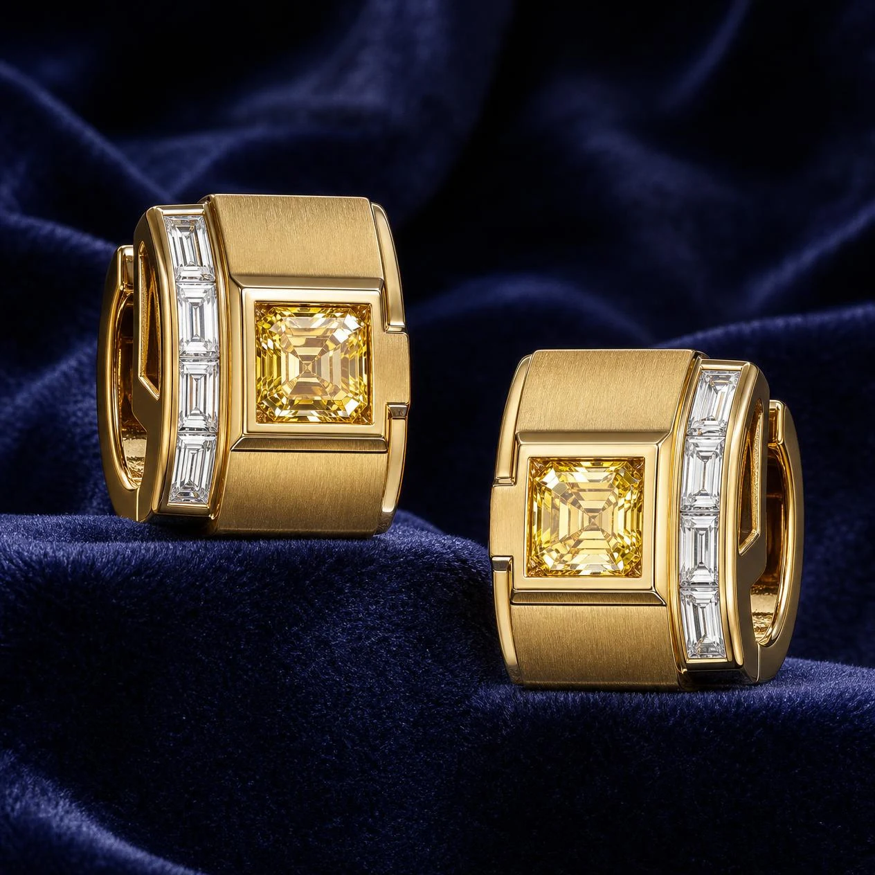 Scudo di Granito, 4.8 ct tw asscher lab grown diamond men’s earrings in 18K yellow gold (front view)