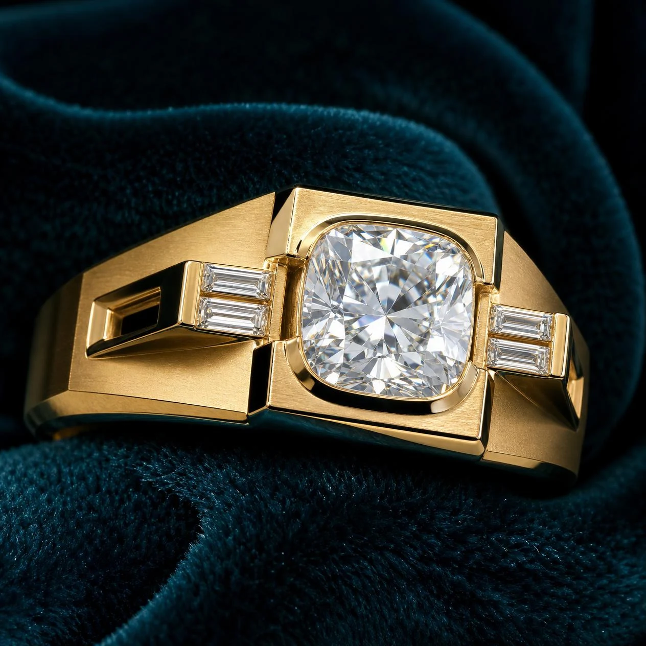 Elmo Fermo, 3.05 ct tw cushion lab grown diamond men’s ring in 18K yellow gold (front view)