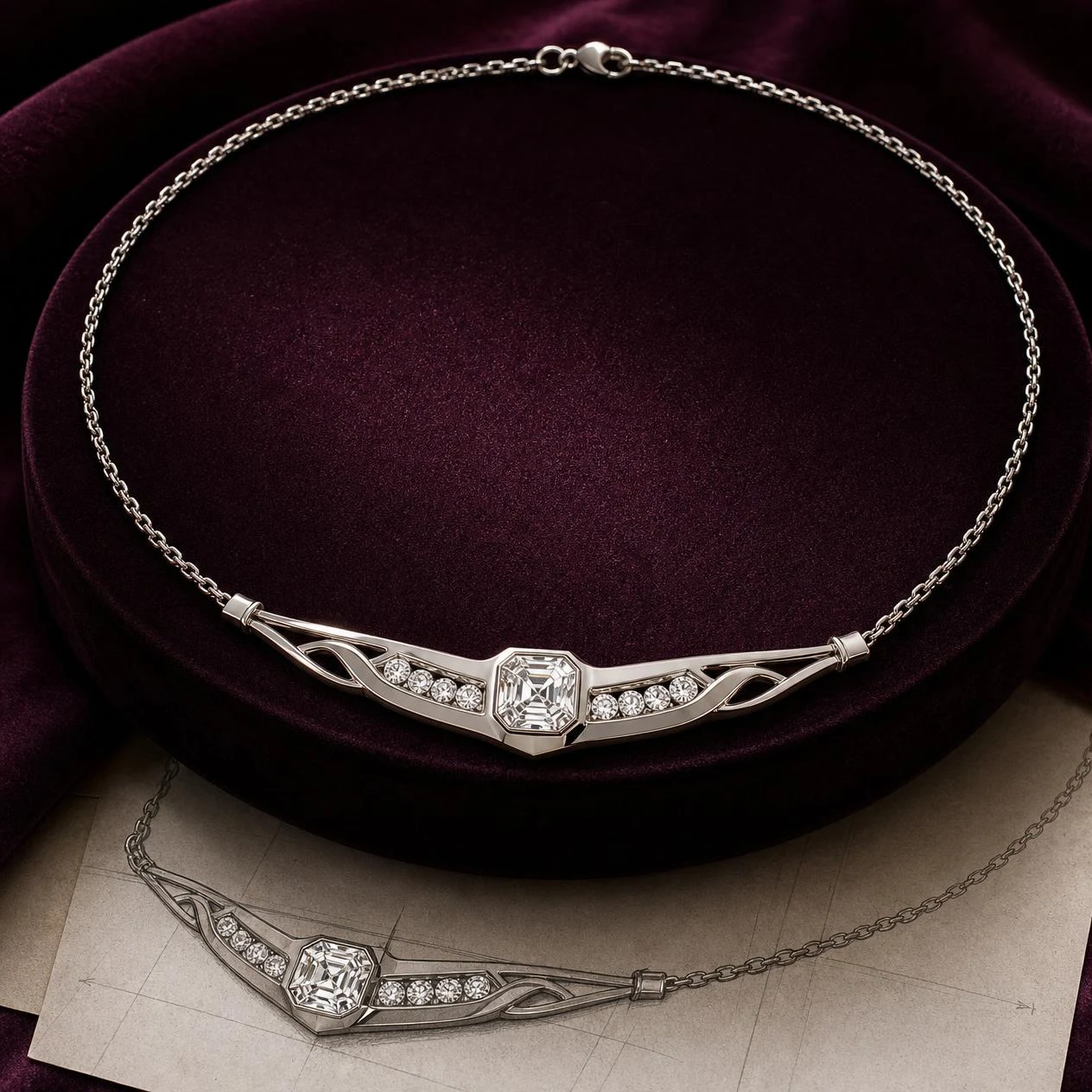 Rêve di Luna, 2.02 ct tw asscher lab grown diamond necklace in 18K white gold (front view)