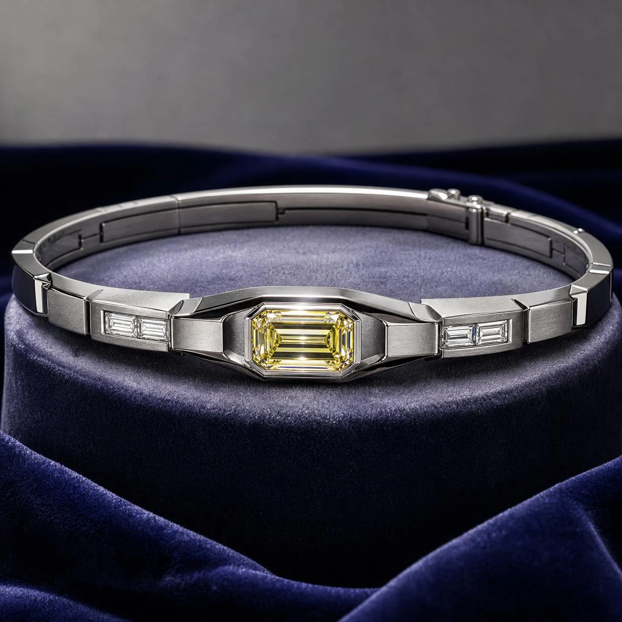 Leone d'Oriente, 2.2 ct tw emerald lab grown diamond men’s bracelet in 18K white gold (front view)