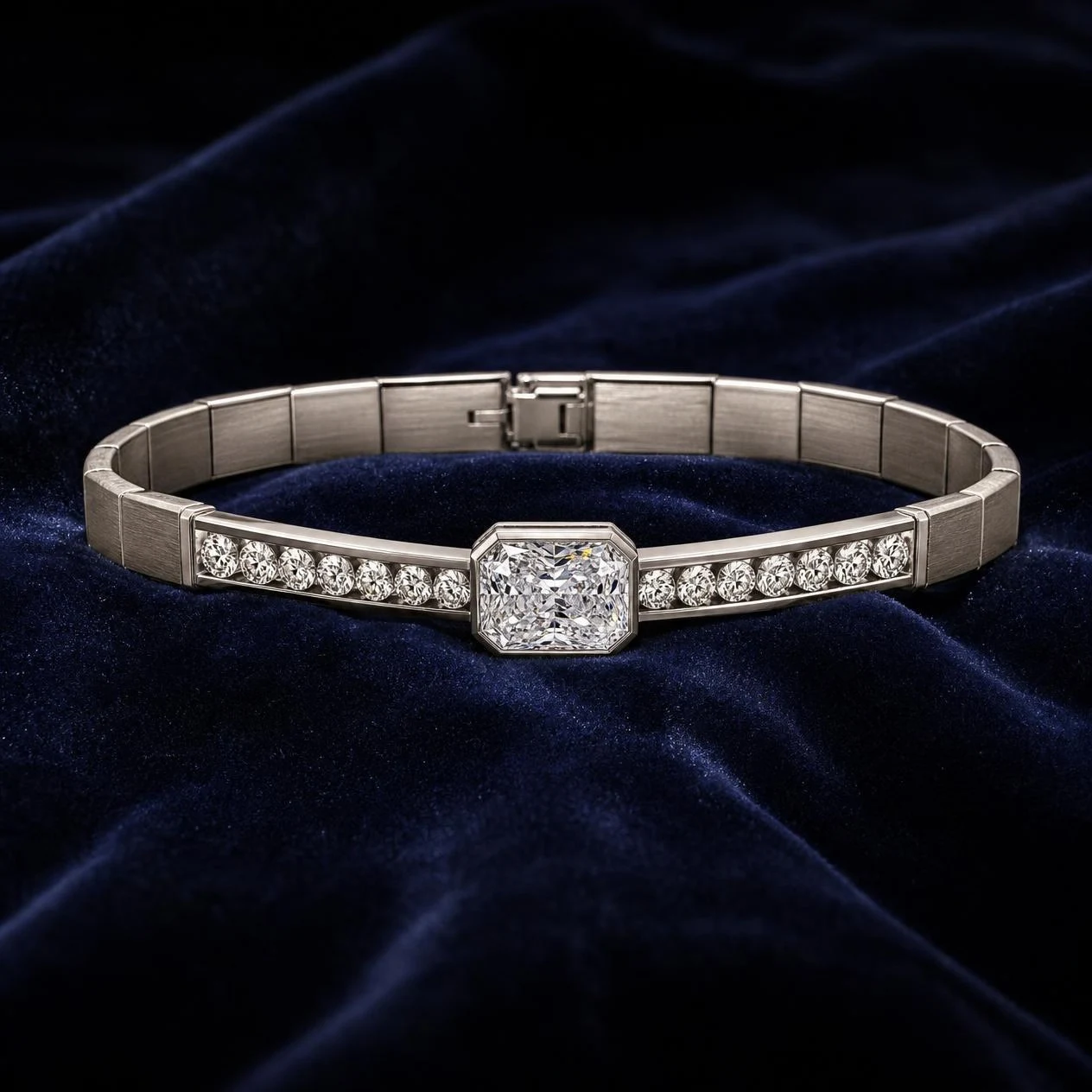 Corsaro Invicto, 3.46 ct tw radiant lab grown diamond men’s bracelet in 18K white gold (front view)