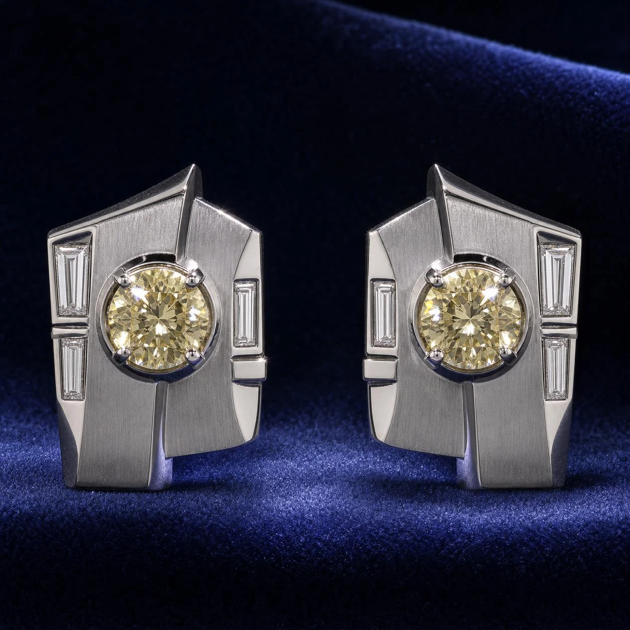 Ebano dell'Alba, 4.68 ct tw round lab grown diamond men’s earrings in 18K white gold (front view)