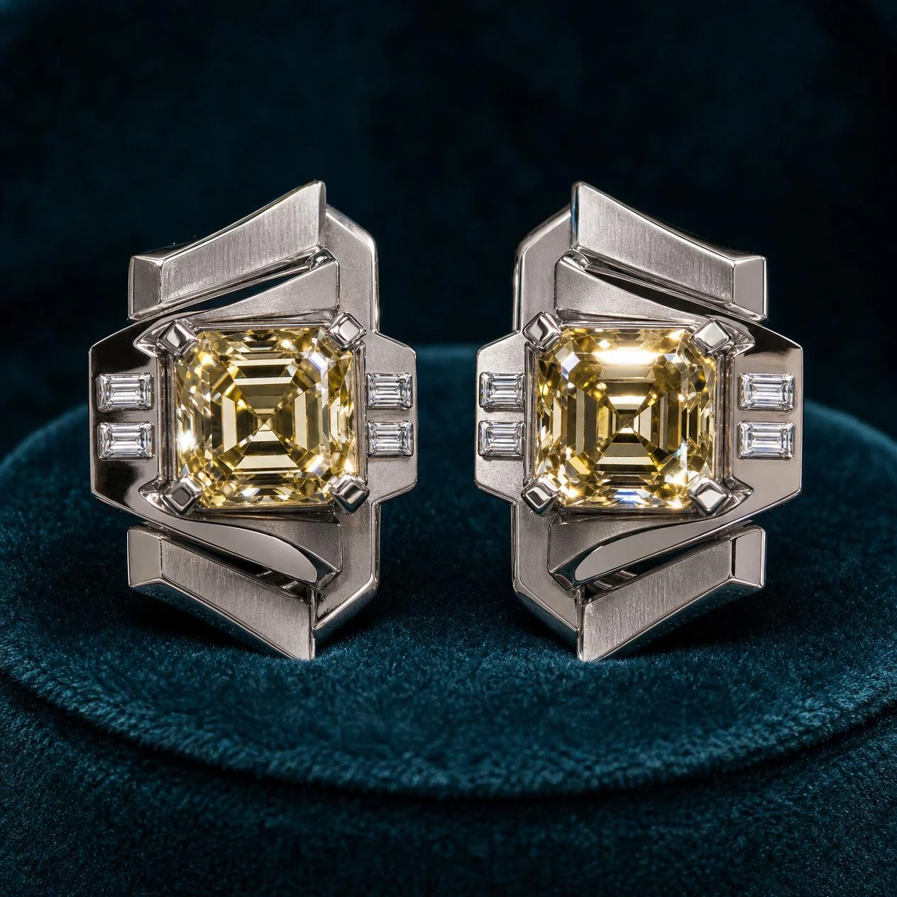 Console Maestoso, 4.72 ct tw asscher lab grown diamond men’s earrings in 18K white gold (front view)