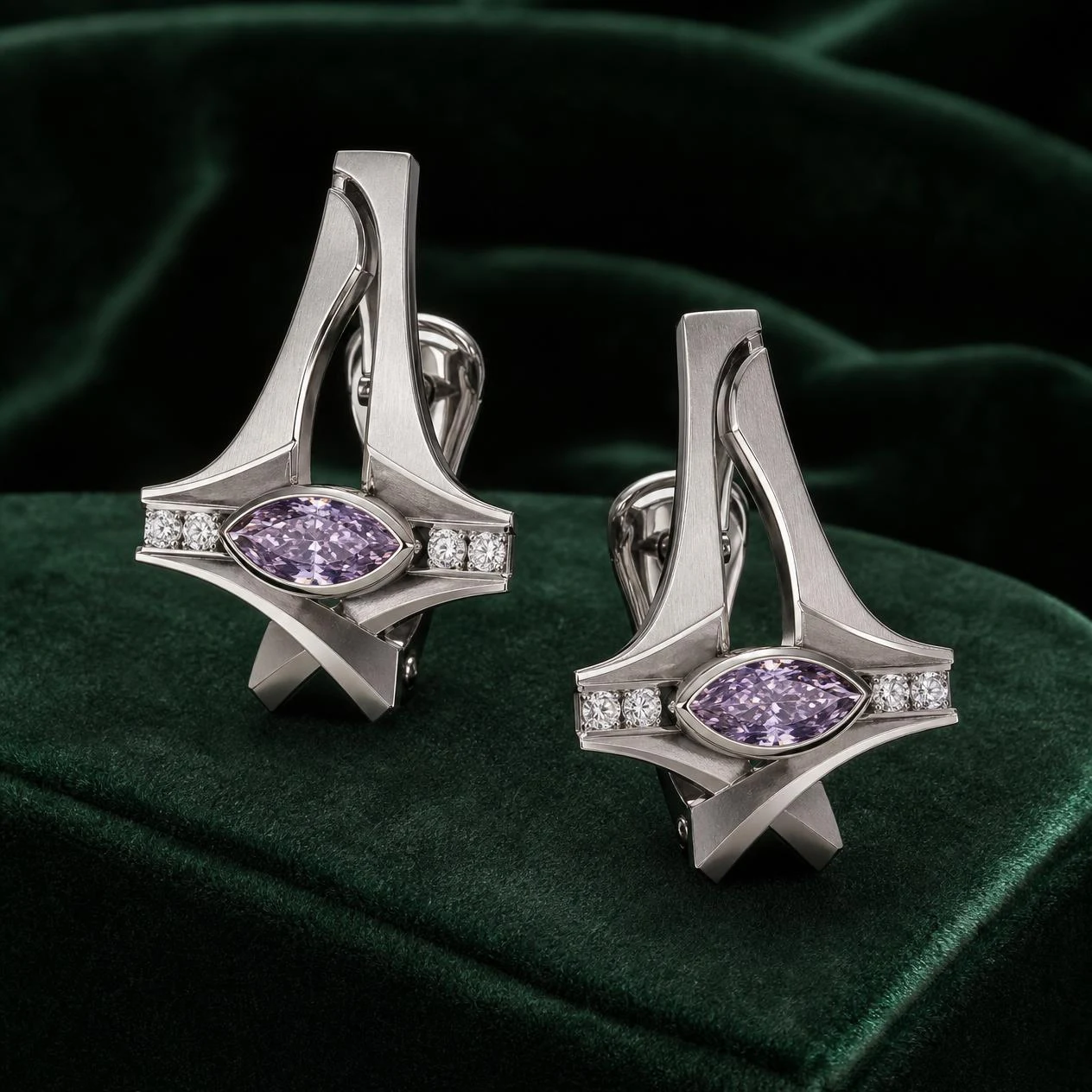 Tuono di Ferro, 3.24 ct tw marquise lab grown diamond men’s earrings in 18K white gold (front view)