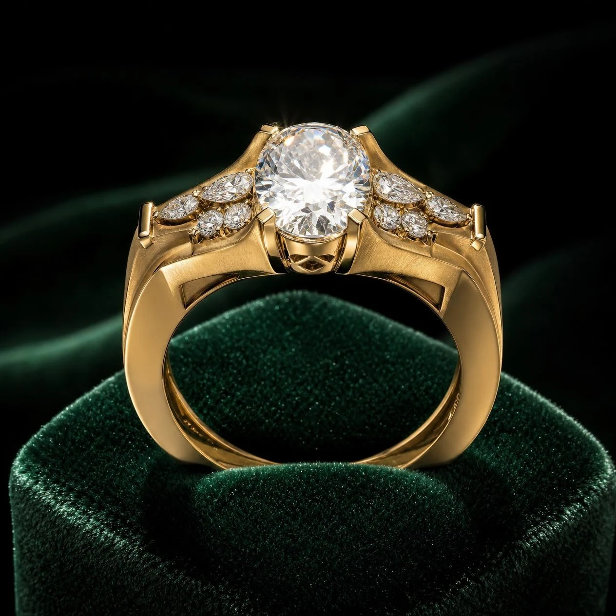Cavaliere Supremo, 2.59 ct tw oval lab grown diamond men’s ring in 18K yellow gold (front view)
