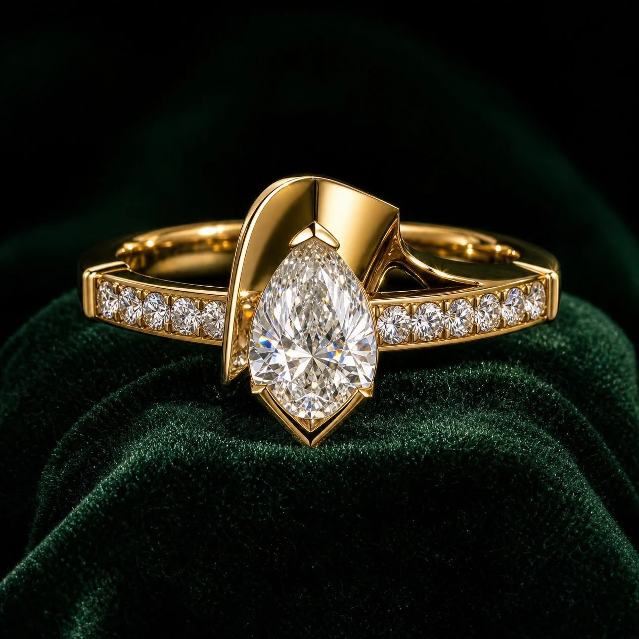 Aria Voilée, 2.4 ct tw pear lab grown diamond ring in 18K yellow gold (front view)