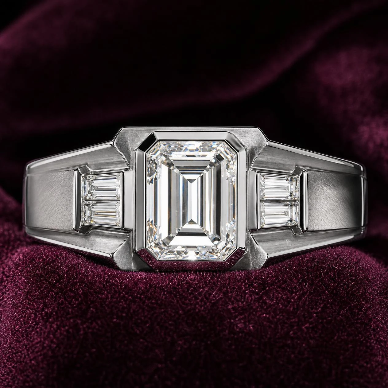 Stendardo Nero, 1.7 ct tw emerald lab grown diamond men’s ring in 18K white gold (front view)