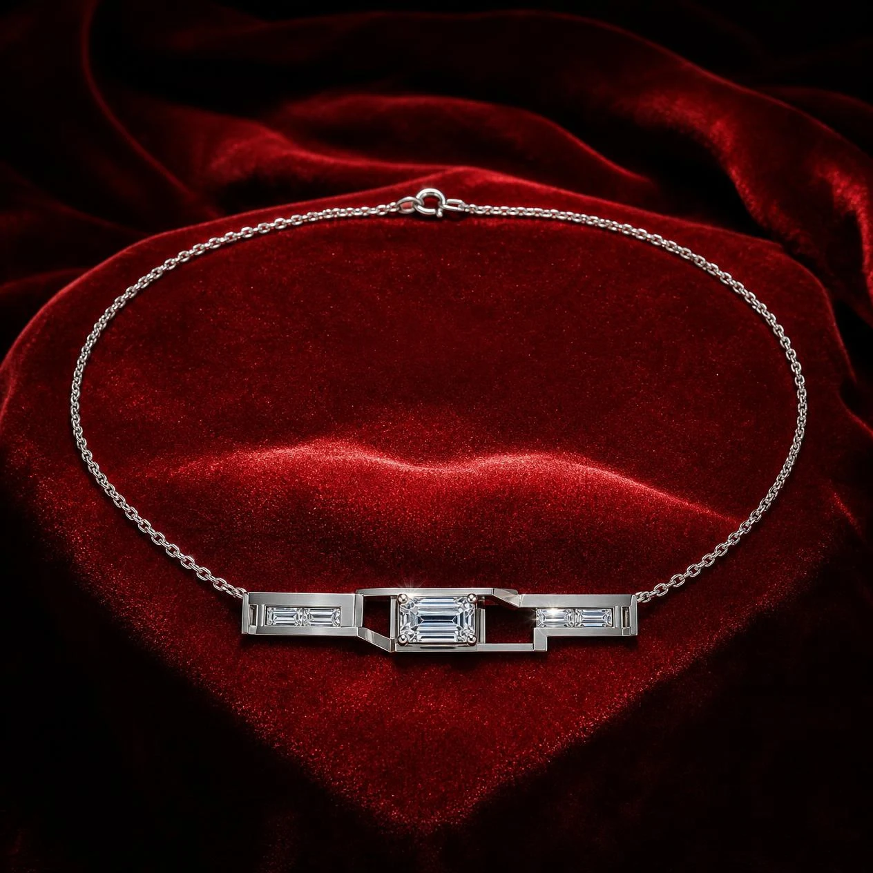 Arciere d'Occidente, 2.32 ct tw emerald lab grown diamond men’s necklace in 18K white gold (front view)