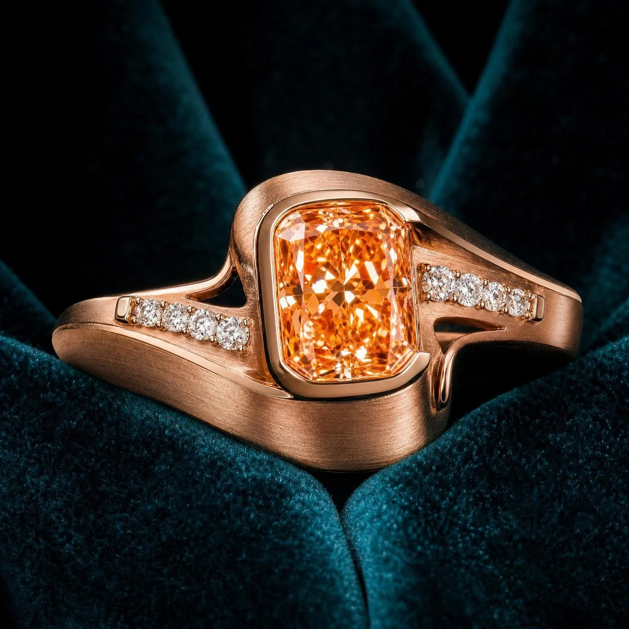 Belle Secrète, 2.39 ct tw radiant lab grown diamond ring in rose gold (front view)