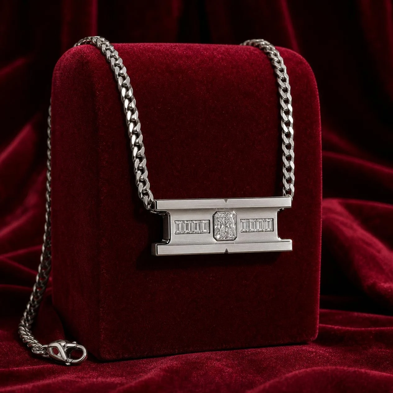 Prosper d'Airain, 2.98 ct tw radiant lab grown diamond men’s necklace in platinum (front view)