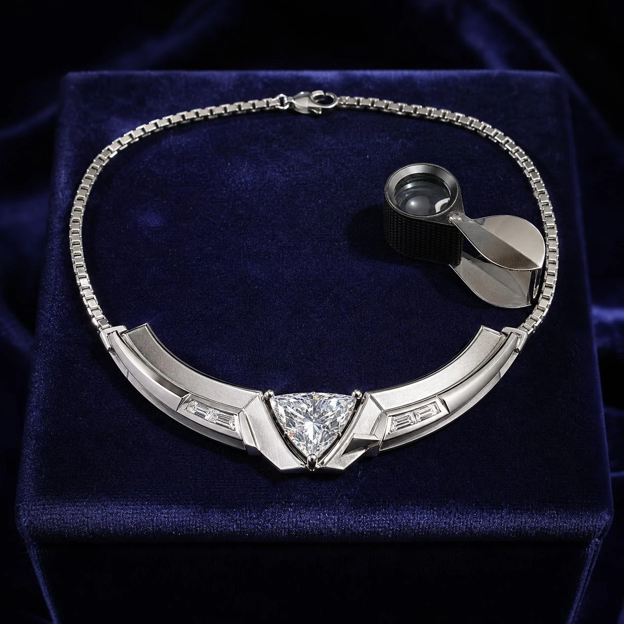 Duca Eterno, 3.05 ct tw trillion lab grown diamond men’s necklace in 18K white gold (front view)